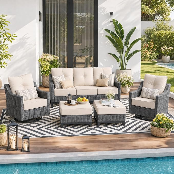 5 Pieces Patio Furniture Set, Weather-Resistant Wicker Swivel Rocker with Soft Cushions & Side Table,All Weather Outside Furniture with Ottoman for Porch, Garden, Backyard