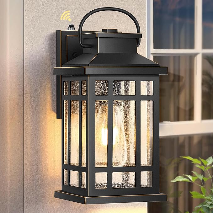 Exterior Lighting Fixtures, Black Porch Lights Outdoor with Gold Trim, Dusk to Dawn Porch Light with Seeded Glass, Aluminum Anti-Rust Waterproof Outdoor Wall Lantern for Houae, Garage, Doorway