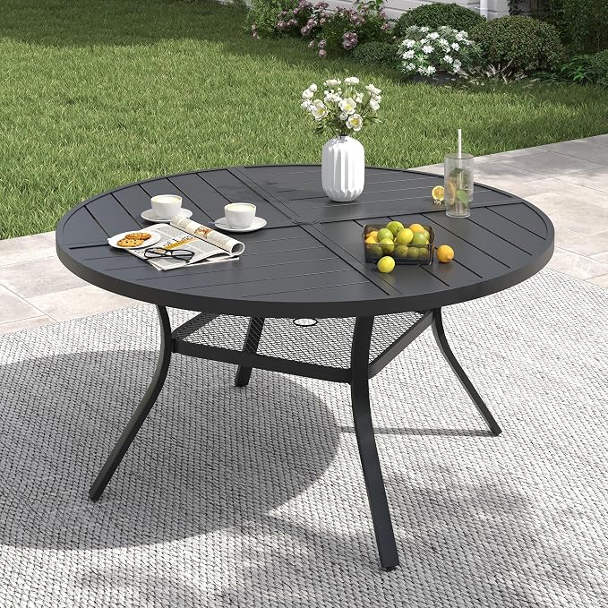 VICLLAX 47.2" Round Patio Table with Umbrella Hole, All Weather Metal Outdoor Dining Table for 6, Outside Table with Storage Shelf for Lawn Garden, Black