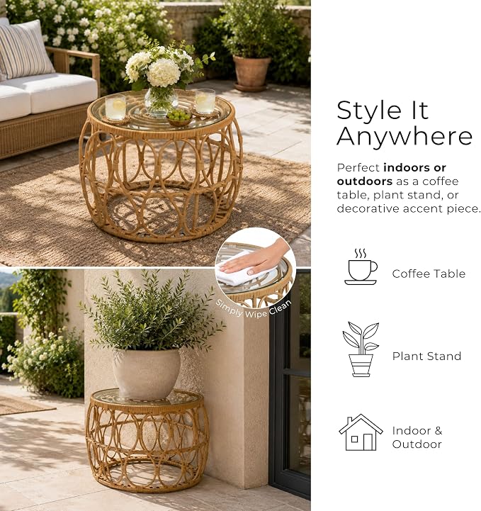 Furniture of America Ysar Boho Rattan Round Coffee Table Outdoor with 5mm Tempered Glass Top, All-Weather and Rust Resistant Patio Furniture