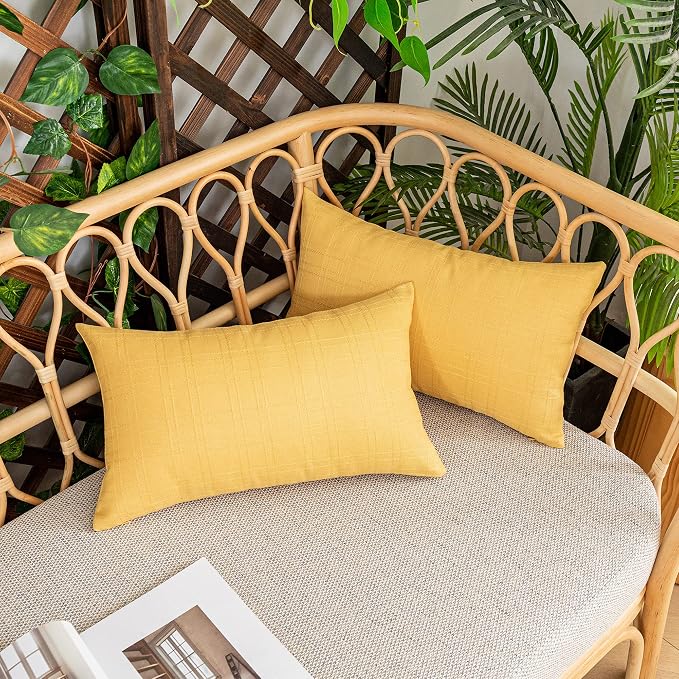 Kevin Textile Outdoor Waterproof 12”x20” Pillow Covers 2 Pack, Yellow | Water Resistant, Soft Faux Linen-cotton Yarn-dyed Woven Texture Throw Pillow Covers for Tent Patio Garden Couch Sofa