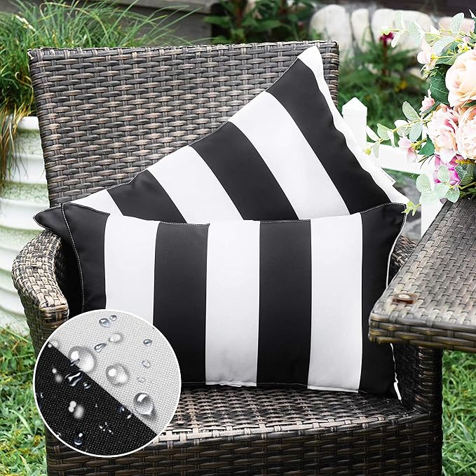 Pack of 2 Outdoor Waterproof Striped Pillow Covers Decorative Throw Covers | 12x20, Black and White, Garden Cushion Covers, Farmhouse Pillowcases for Couch Sofa Patio Tent Balcony