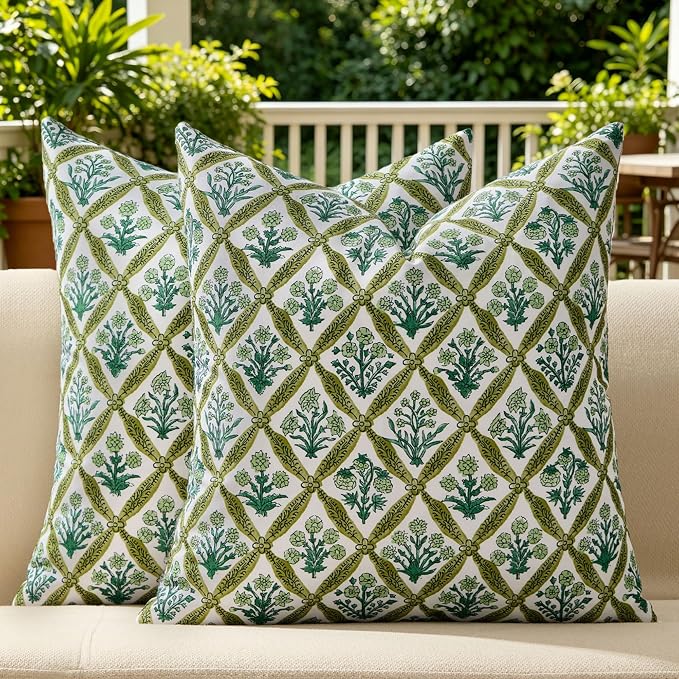 Allorry Floral Outdoor Pillow Covers 16x16 Green Outdoor Waterproof Decor | Set of 2 Vintage Floral Block Print Pillow Cover,Farmhouse Boho Decorative for Spring Summer Outdoor Sofa Bedroom Decor