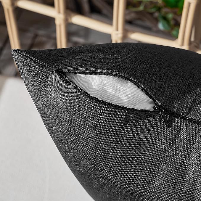 Outdoor Waterproof Throw Pillow Covers Black 16x16 Set of 2 | Decorative Farmhouse Linen Pillowcases Solid Cushion Cases for Patio Tent Balcony Couch Sofa Living Room