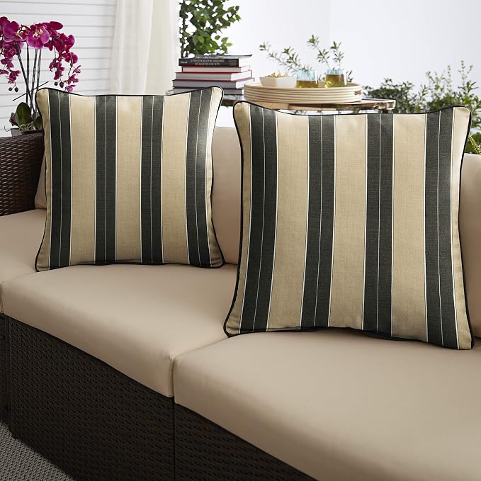 Sorra Home x Sunbrella - Square Pillows (Set of 2), Tan & Black Stripes