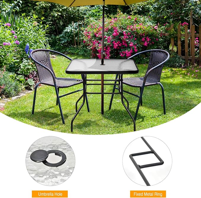 Tangkula 32" Square Outdoor Dining Table with Tempered Glass Top, Outside Bistro Table with 2" Umbrella Hole & Metal Frame, Patio Dining Table for Backyard, Lawn, Deck & Poolside