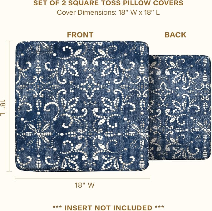 Honeycomb Outdoor Square Toss Pillow Covers, 18 x 18, 2-Pack | Boheme Indigo Slipcovers, Water & Fade Resistant for Patio Furniture Set, Cover Only, No Insert