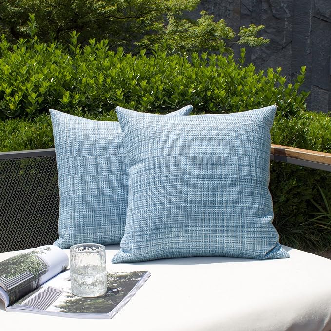 Kevin Textile Outdoor Waterproof 22"x22" Pillow Covers 2 Pack, Light Blue | Water Resistant, Faux Linen Yarn-dyed, Woven Texture Throw Pillow Covers for Tent Patio Garden Couch Sofa