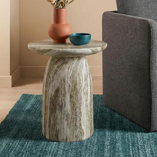 24/7 Shop at Home Ranera Modern 17-inch Natural Stone Side Table with Round Pedestal Base, Marble Nightstand, Fluted Patio End Table, for Living Room, Covered Outdoor Spaces, Balcony, Gray Travertine