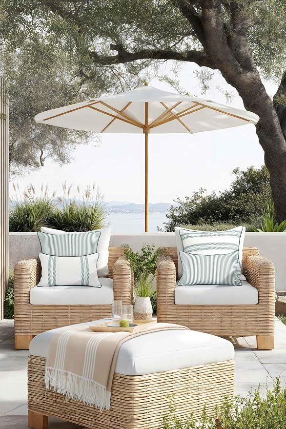 Hofdeco Premium Coastal Grandmillennial Patio Indoor Outdoor Lumbar Pillow Cover Only, 12"x20" Water Repellent for Backyard, Couch, Poolside, Celadon Green Print Leaf Striped