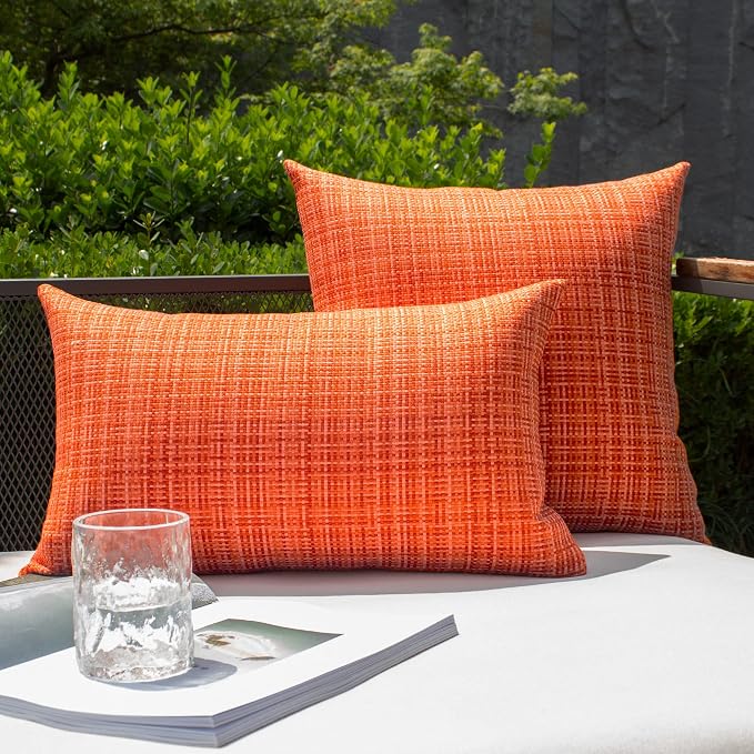 Kevin Textile Outdoor Waterproof 26x26 Inch Pillow Covers 2 Pack, Orange | Water Resistant, Faux Linen Yarn-dyed, Woven Texture Euro Throw Pillow Covers for Tent Patio Garden Couch Sofa