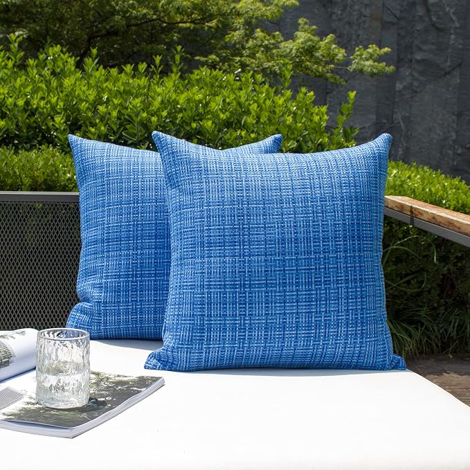 Kevin Textile Outdoor Waterproof 20x20 Inch Pillow Covers 2 Pack, Blue | Water Resistant, Faux Linen Yarn-dyed, Woven Texture Throw Pillow Covers for Tent Patio Garden Couch Sofa