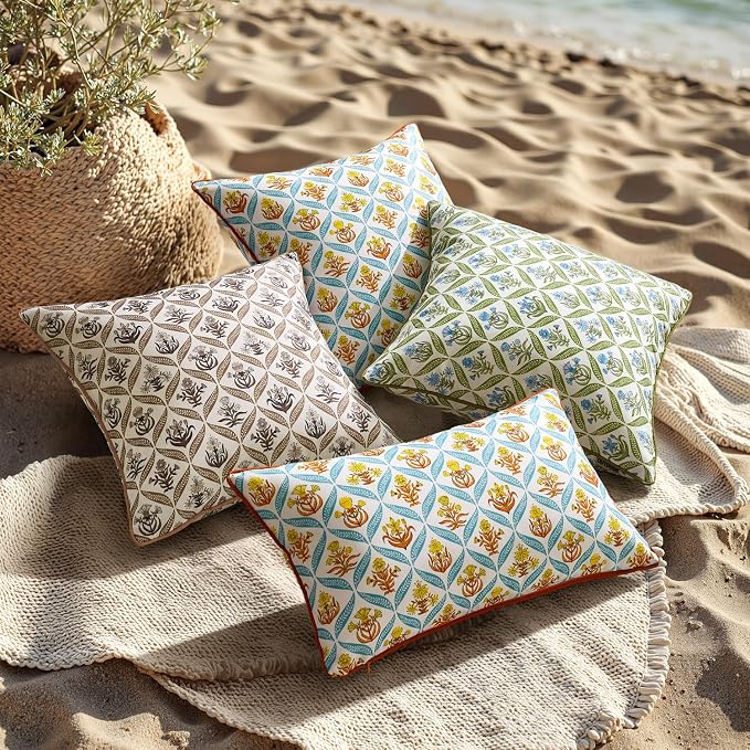 ANRODUO Floral Outdoor Waterproof Pillow Covers Set of 2 Orange 20x20 Inch | Square Block Print Decorative Cushion Cases With Refined Edge Piping for Summer Patio Porch Garden Couch Sofa Bench Decor