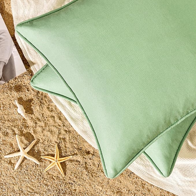 EMEMA Pack of 2 Decorative Outdoor Waterproof Throw Pillow Covers 18x18 Inch Solid Broadside Soft Outside Pillowcase Classic Cushion Cases for Patio Furniture Sunbrella for Balcony Decor Sage Green