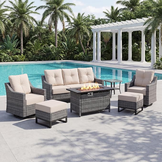 7 Piece Wicker Patio Furniture Set with 6" Thick Cushions, High Back Wicker Swivel Rocker Chairs, All Weather Conversation Set for Porch Deck Backyard Poolside (Beige)