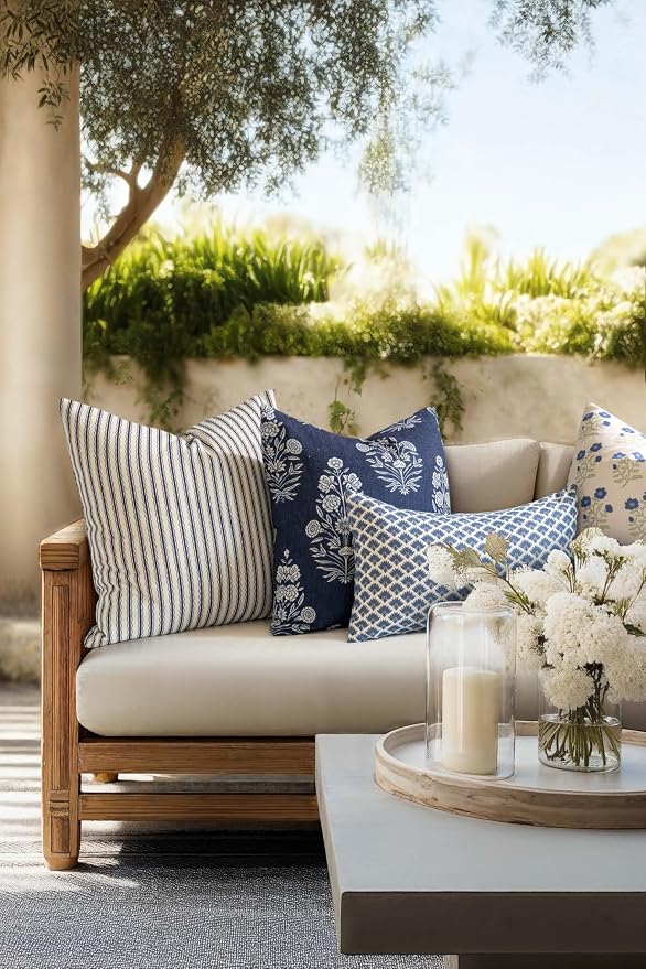 California Casual Coastal Indoor Outdoor Lumbar Pillow Cover, 12"x20" Water Repellent for Patio, Backyard, Couch, Poolside, Azure Blue Print Ravenala Palm Tree