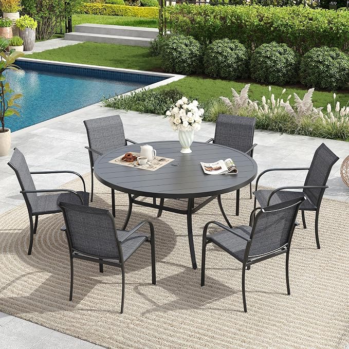 7 Pieces Patio Dining Set, 50" Round Dining Table with Umbrella Hole, 6 Stackable Textilene Fabric Chairs, Metal Structure for Patio, Porch, Garden(Black Table, Grey Chair)