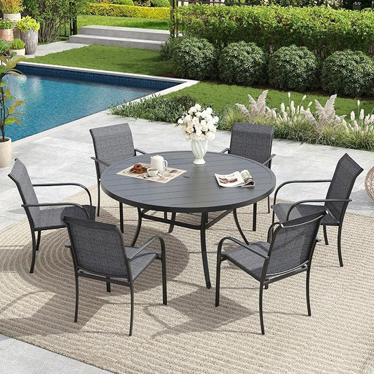 7 Pieces Patio Dining Set, 50" Round Dining Table with Umbrella Hole, 6 Stackable Textilene Fabric Chairs, Metal Structure for Patio, Porch, Garden(Black Table, Grey Chair)