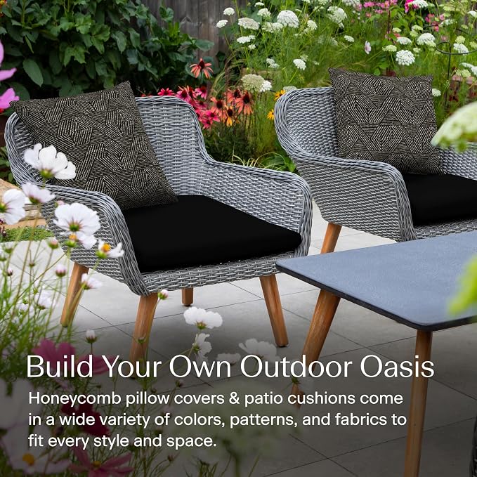 Honeycomb Outdoor Square Toss Pillow Covers, 18 x 18, 2-Pack | Zaire Black Slipcovers, Water & Fade Resistant for Patio Furniture Set, Cover Only, No Insert