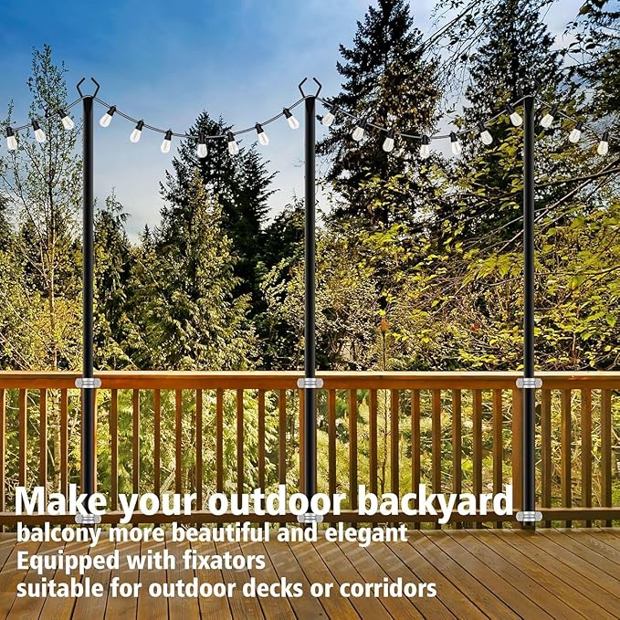 AILBTON 10Ft String Light Poles 6 Pack,Light Poles for Outside Lights,Outdoor with Fence Brackets Hanging Lights,Metal Stand Deck Patio Backyard