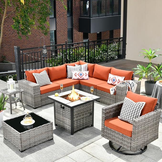 HOOOWOOO Outdoor Patio Sectional Furniture Sofa Set with Propane Gas Fire Pit Table,9 Piece Modern Wicker Couch with Swivel Chair,Modular L Shaped Conversation Seating Set with Wide Arm(Orange Red)