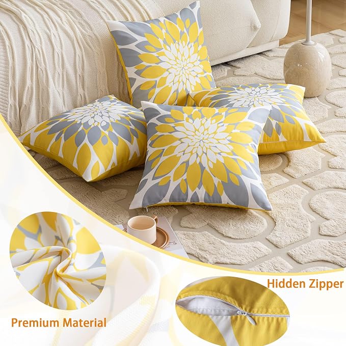 Pack of 4 Fall Outdoor Waterproof Pillow Covers 18x18 Decorative Outdoor Throw Pillows Garden Square Cushion Cases for Patio Furniture, Couch, Tent Sunbrella, Bench, Mustard Yellow Grey