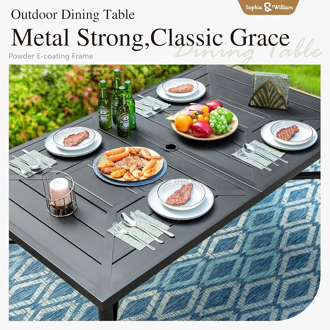 Sophia & William Patio Table and Chairs Set, Outdoor Dining Set for 6, 7 Piece Metal Patio Furniture, 64" Black Rectangular Table(Geometry)
