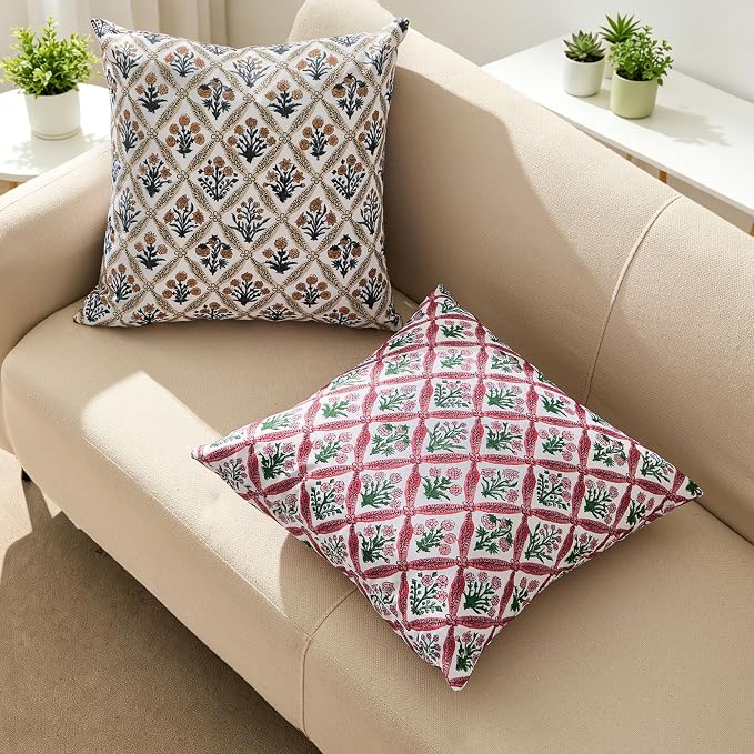 Allorry Floral Outdoor Pillow Covers 20x20 Rose Pink Waterproof Decor | Set of 2 Vintage Floral Block Print Pillow Cover,Farmhouse Boho Decorative for Spring Summer Outdoor Sofa Bedroom Decor