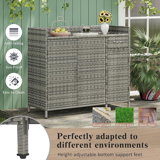 47.5" W Wicker Outdoor Storage Cabinet with Tempered Glass Desktop, Adjustable Shelf, Drawer, and Three Doors – Weather-Proof Rattan Bar Table for Outdoor Cushions and Pool Toys