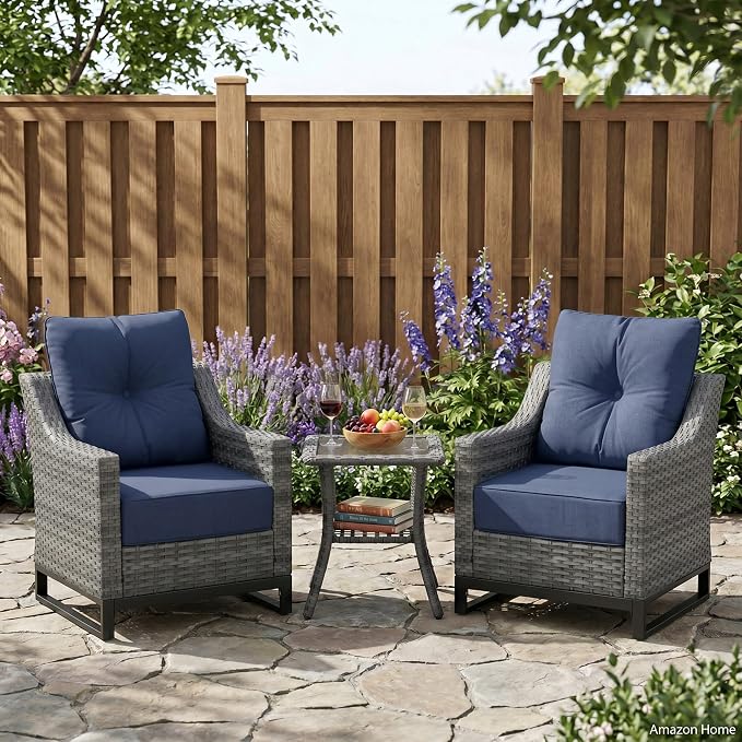 3 Pack Patio Furniture Set with 6" Thick Cushions, Dienspeak Rattan Wicker Patio Set with Two Outdoor Chairs and Table, High Back Rattan Chair with Comfy Cushions for for Porch, Garden Poolside Balcon
