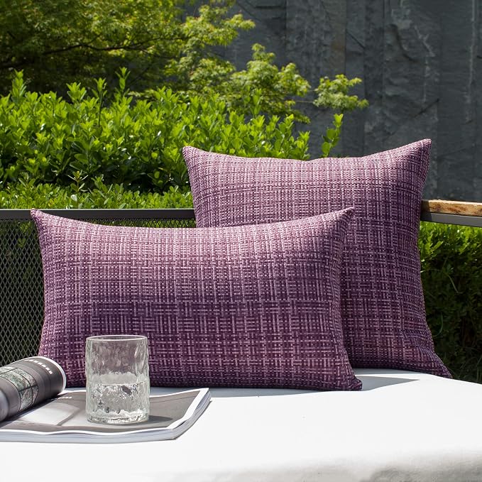 Kevin Textile Outdoor Waterproof 26x26 Inch Pillow Covers 2 Pack, Violet | Water Resistant, Faux Linen Yarn-dyed, Woven Texture Euro Throw Pillow Covers for Tent Patio Garden Couch Sofa