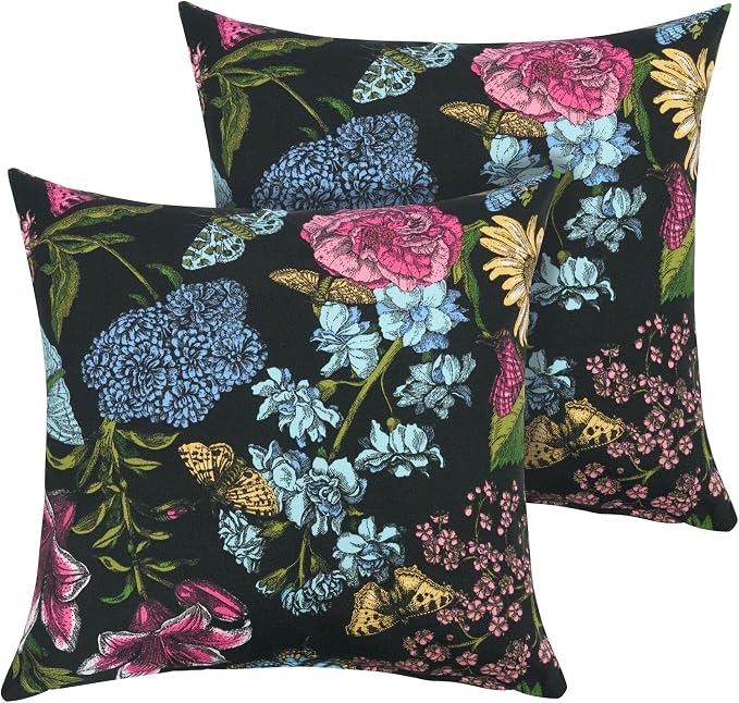 Throw Pillow Covers Set of 2, Outdoor Indoor Waterproof Patio Throw Pillowcase Shell 18x18 Inch, Square Cushion Case for Couch Sofa Garden Farmhouse-Black Butterfly Flower