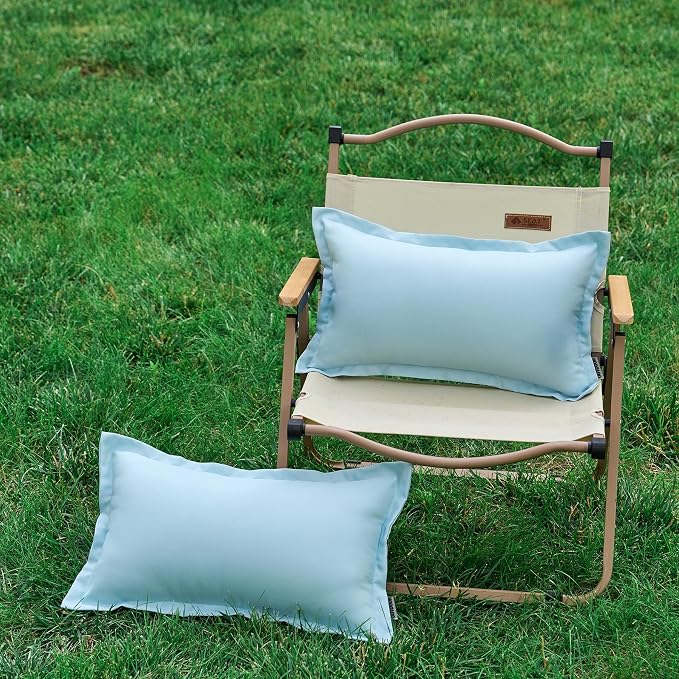 LIGICKY Light Blue Outdoor Lumbar Pillows Waterproof Pillow Covers 12x20 Inch Pack of 2 Decorative Rectangle Solid Color Pillows with Wide Edge Cushion Cover for Patio Tent Garden Couch Balcony