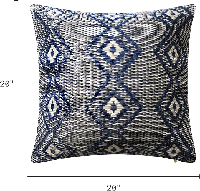Fab Habitat Outdoor Premium Recycled Plastic Pillow - Waterproof, Fade Resistant - Boho Geometric Diamond - Patio, Porch, Deck, Balcony - Rabat - Blue & Cream - 20" x 20"