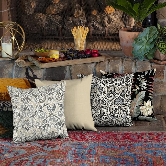 Arden Outdoor Toss Pillow, 4-Pack, 16x16, Neutral Damask | Indoor/Outdoor Décor, Set of 4, 16 x 16, Rain-Proof, Fade Resistant, Mold and Mildew Resistant