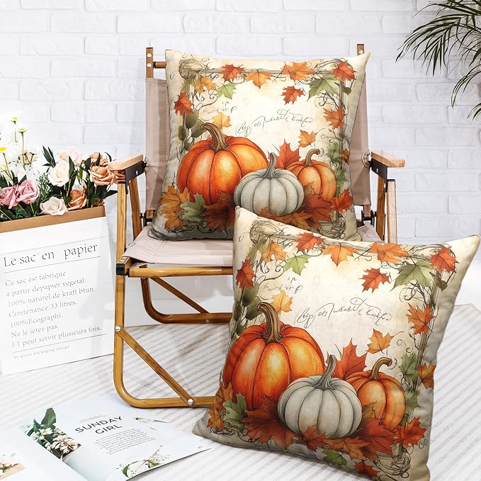 Fall Pillow Covers 22x22 Set of 2 Maple Leaves Pumpkin Pillow Covers Autumn Harvest Pillowcase Thanksgiving Vintage Cushion Case for Home Decor Couch Sofa