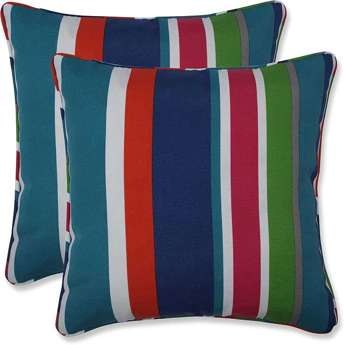 Pillow Perfect Stripe Indoor/Outdoor Accent Throw Pillow, Plush Fill, Weather, and Fade Resistant, Throw - 16.5" x 16.5", Blue/Green St. Lucia, 2 Count