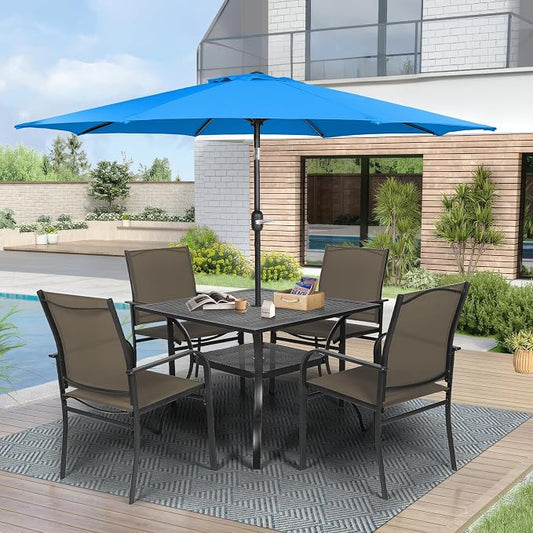 Crownland 5 Piece Patio Dining Set, Outdoor Textilene Dining Sets, 4 Textilene Metal Chairs and Square Outdoor Dining Table with Sky Blue 9FT Round Outdoor Umbrella (Brown)
