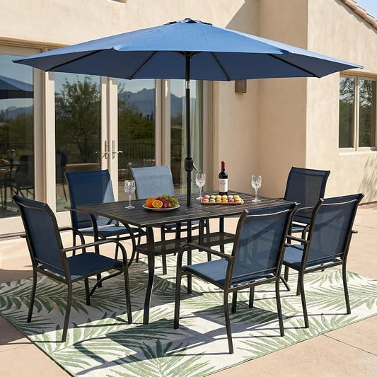 Crownland 7 Piece Patio Dining Set, Textilene Dining Sets, 6 Textilene Metal Chairs and Rectangular Outdoor Dining Table with Dark Blue 9FT Round Outdoor Umbrella (Blue)