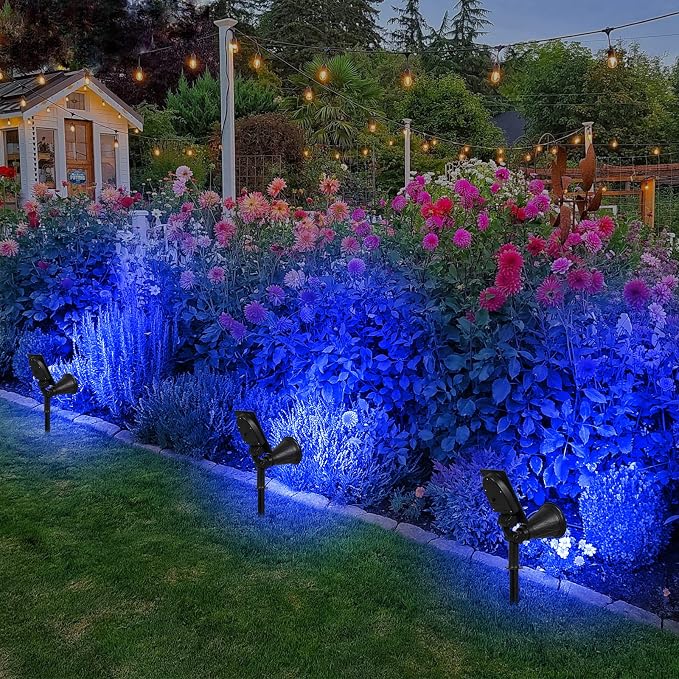 T-SUN Blue Solar Spotlights, Solar Lights Outdoor Waterproof, Auto ON/Off Adjustable Solar Garden Pond Lights for Tree, Patio, Yard, Garden, Driveway, Stairs, Pool Area (Blue- 4 Pack)