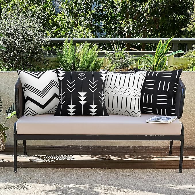 Pyonic Black and White Outdoor Pillow Covers 18x18 Inch for Patio Furniture | Set of 4 ,Waterproof,Boho Geometric Striped, Outside Patio Pillows, For Porch Garden