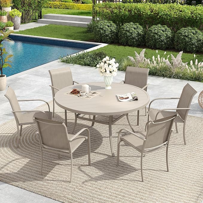 7 Pieces Patio Dining Set, 50" Round Dining Table with Umbrella Hole, 6 Stackable Textilene Fabric Chairs, Metal Structure for Patio, Porch, Garden, Sandshell