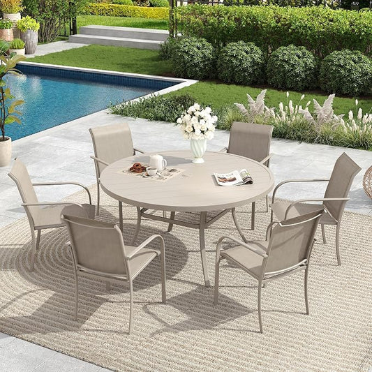 7 Pieces Patio Dining Set, 50" Round Dining Table with Umbrella Hole, 6 Stackable Textilene Fabric Chairs, Metal Structure for Patio, Porch, Garden, Sandshell