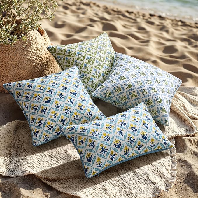 ANRODUO Floral Outdoor Waterproof Pillow Covers Set of 2 Yellow 16x16 Inch | Square Block Print Decorative Cushion Cases With Refined Edge Piping for Summer Patio Porch Garden Couch Sofa Bench Decor