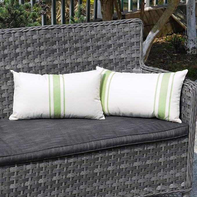 ONWAY Outdoor Pillow Covers Waterproof 12x20 Set of 2 Decorative Linen Throw Pillow Cover Beige and Green Striped Outdoor Pillows for Patio Furniture