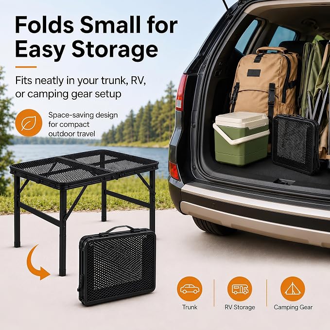 Folding Grill Table Camping Table with Mesh Desktop, Lightweight & Portable Outdoor Picnic Table, Height Adjustable Portable for Outside Inside Use