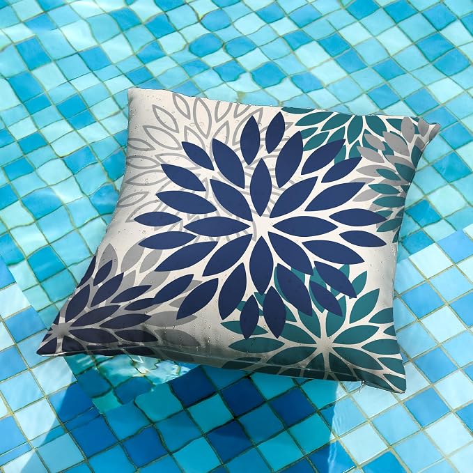 DFXSZ Outdoor Waterproof Pillow Covers 18x18 Set of 2 NavyBlue Green Flower | Spring Summer Waterproof Flower Throw Pillowcases（No Inserts）Outdoor Decor for Patio Funiture Garden Polyester Covers