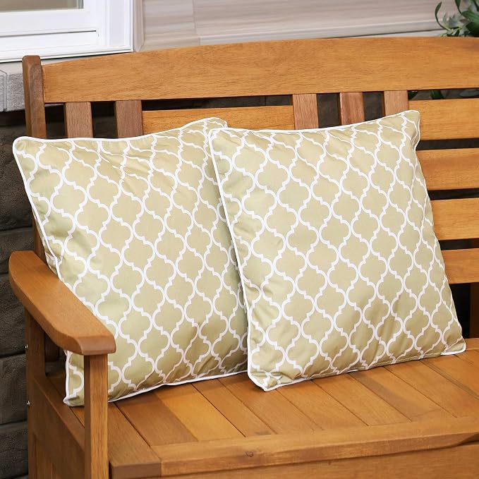 Sunnydaze Set of 2 Indoor/Outdoor Decorative Throw Pillows - 16-Inch Square Throw Pillows - Pillow Set for Indoor or Outdoor Bench, Chair or Loveseat - Tan and White Lattice