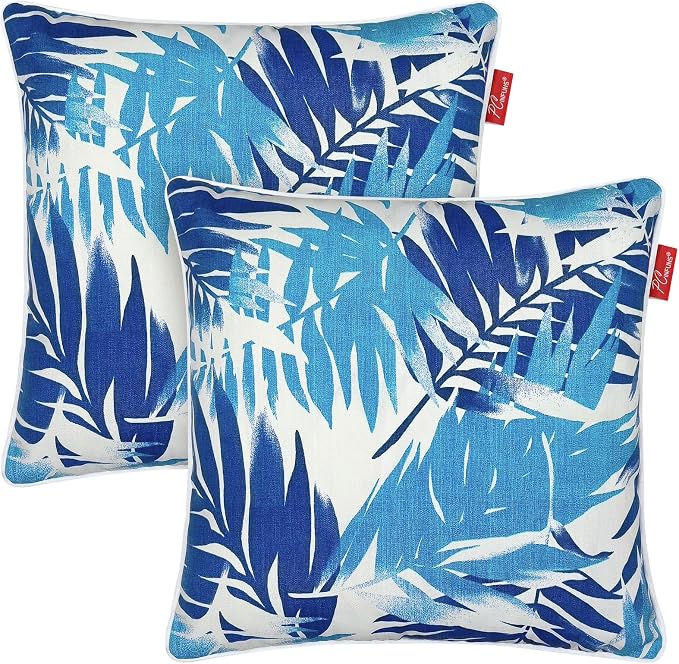 Pack of 2 Outdoor Throw Pillows,18x18 Inch All-Weather Water-Resistant Patio Pillows with Inserts,Decorative Pillows for Patio Furniture,Couch,Sofa,Poolside,Blue Leaf