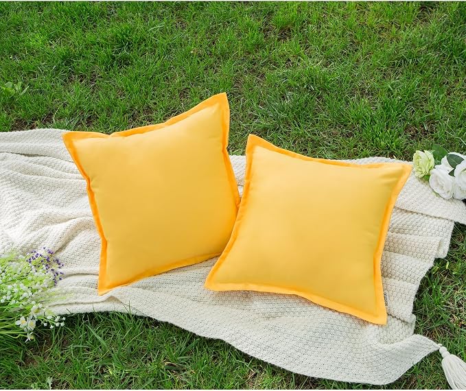 LIGICKY Yellow Outdoor Waterproof Pillow Covers 18x18 Inch Pack of 2 Decorative Square Solid Color Pillows with Wide Edge Cushion Cover for Patio Tent Garden Couch Balcony